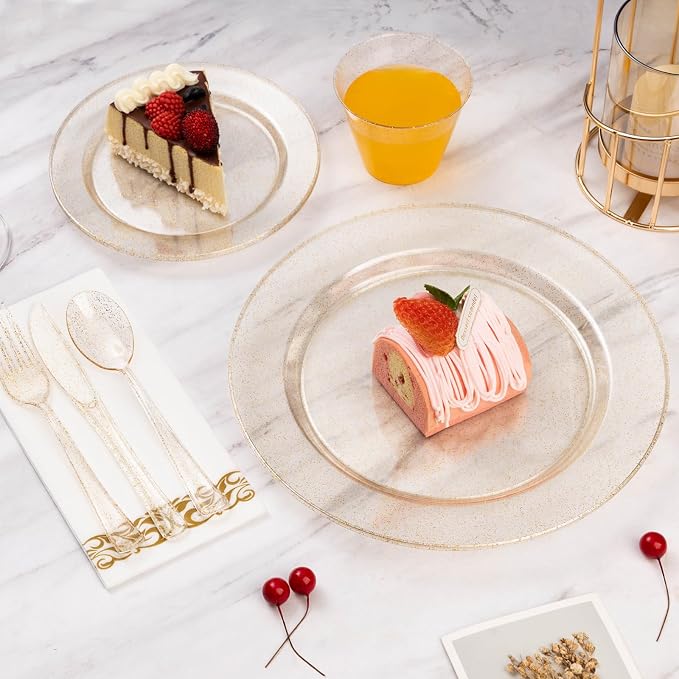 Goodluck 350 Pieces Dinnerware Set for 50 Guests, Plastic Plates Disposable for Party, Include: 100 Gold Glitter Plastic Plates, 50 Paper Napkins, 50 Cups, 50 Gold Glitter Plastic Silverware Set