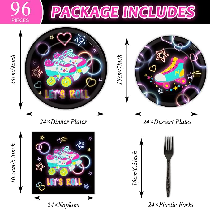 96pcs Roller Skating Party Supplies Tableware Set Retro Roller Skate Party Paper Plates Napkins Set Favors for Boys Girls Teens Birthday Dinnerware Decorations, Serve 24