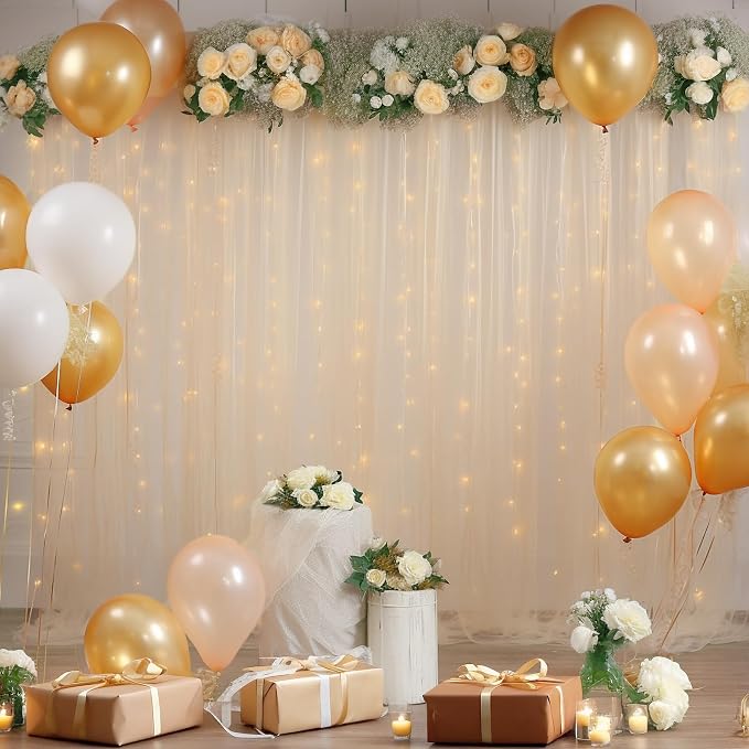 30x8ft Champagne Tulle Backdrop Curtain with Lights String for Parites, Sheer Photo Backdrop Curtains with Lights for Wedding Backdrop Ceremony Reception Bridal Shower Baby Shower Birthday Party