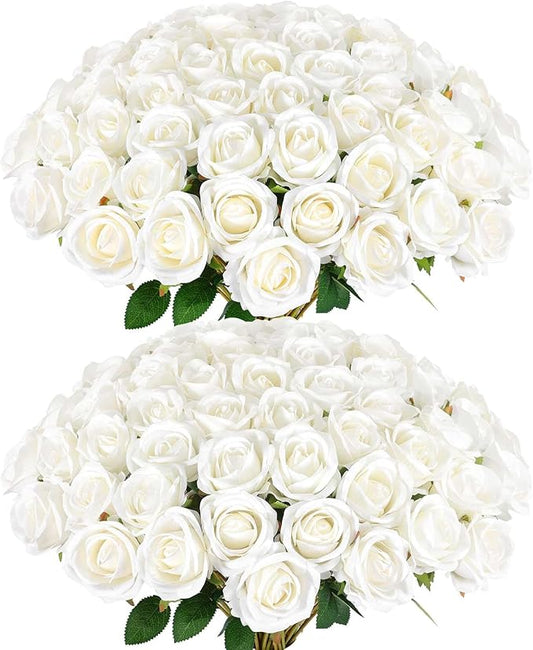 Rowfad 120 Pcs Artificial Roses Bulk Velvet Silk White Roses White Roses for Wedding Centerpieces Bridal Bouquet Mohter's Day Home Decor (120, White)