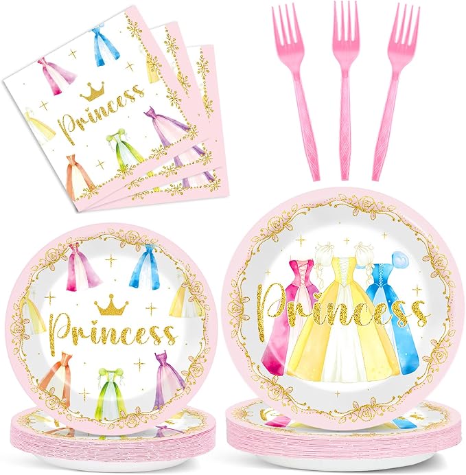 96Pcs Princess Birthday Party Decorations Princess Themed Tableware Castle Dress Plates Napkins Forks Crown Dinnerware Party Supplies for Girls Bridal Engagement Baby Shower Serve 24 Guests