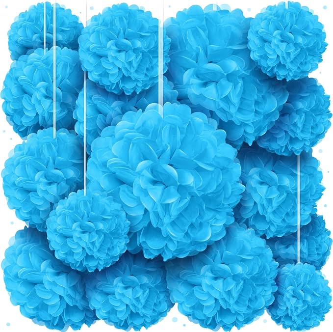 Blue Tissue Paper Pom Poms - Blue Party Decorations for Birthdays, Weddings, Baby Showers and Special Occasions by Avoseta (16 Piece Set, Assorted Sizes)
