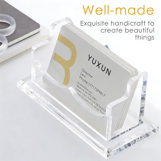 YUXUN Acrylic Business Card Holder for Desk, Business Cards Holder Organizer for women, Clear Business Card Display Stand, 8mm Thicken Acrylic Base, 50+ Business Cards for Office Exhibition Home