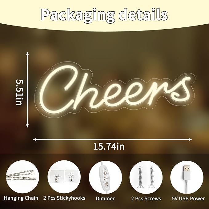 LED Cheers Neon Sign for Home Bar, USB Powered Warm White Bar Light with Dimmable Control, Wedding Party Wall Decor for Kitchen Restaurant 15.75x5.51