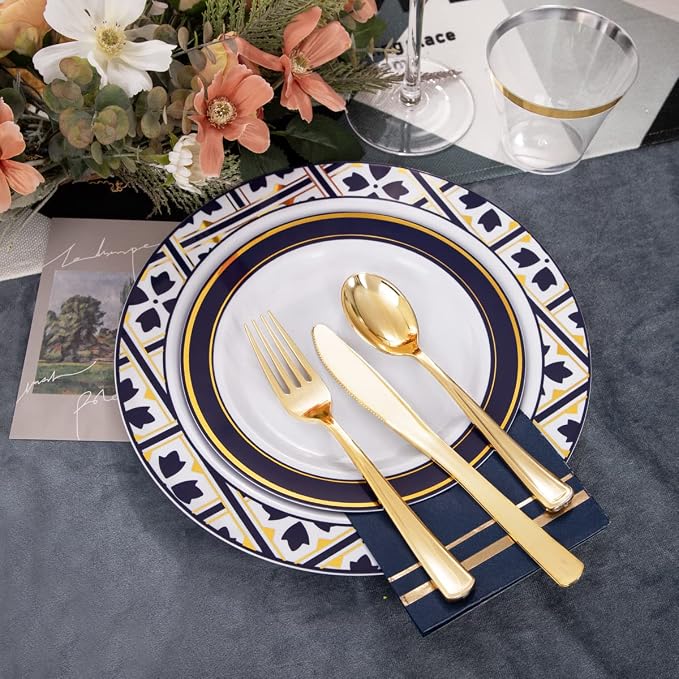 Nervure 175PCS Blue Plastic Plates - White Blue Gold Disposable Plates Include 25Dinner Plate, 25Dessert Plate, 25Cups, 25Forks, 25Knives, 25Spoons, 25Napkins for Wedding & Party