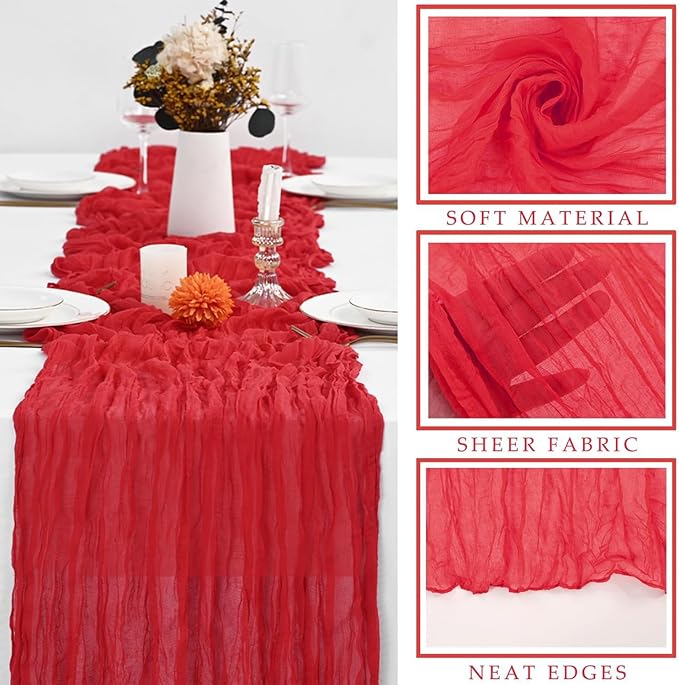 Red 6 Pieces 35 x 120 Inches Long Cheesecloth Table Runner Gauze Fabric 10Ft Boho Table Runner Rustic Sheer Runner for Wedding Baby Bridal Shower Birthday Holiday Party Table Arbor Decor (Red)