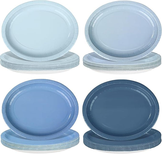 Vesici 100Pcs Blue Paper Plates Dusty Blue Party Supplies Gradient Colors Oval Heavy Duty Disposable Dessert Plates Paper Platters Tableware for Baby Shower Wedding Bridal Birthday Party Supplies