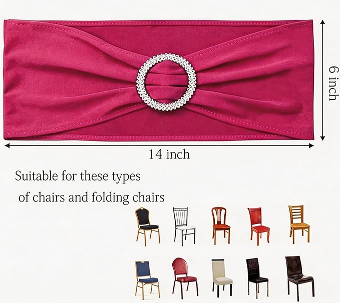 Pack of 100 Wedding Hot Pink Chair Sashes Spandex Fuchsia Chair Sash Bands with Silver Buckle, Elastic Chair Bows for Weddings Party Birthday Baby Shower Events Decorations