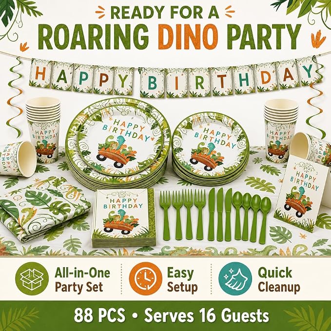 Dinosaur Birthday Decorations Party Supplies Kit, 88 PCS Dino Party Decorations Tableware Set Serves 16 with Plates Cups Napkins Cutlery Tablecloth Banner Hanging Swirls for Prehistoric Theme