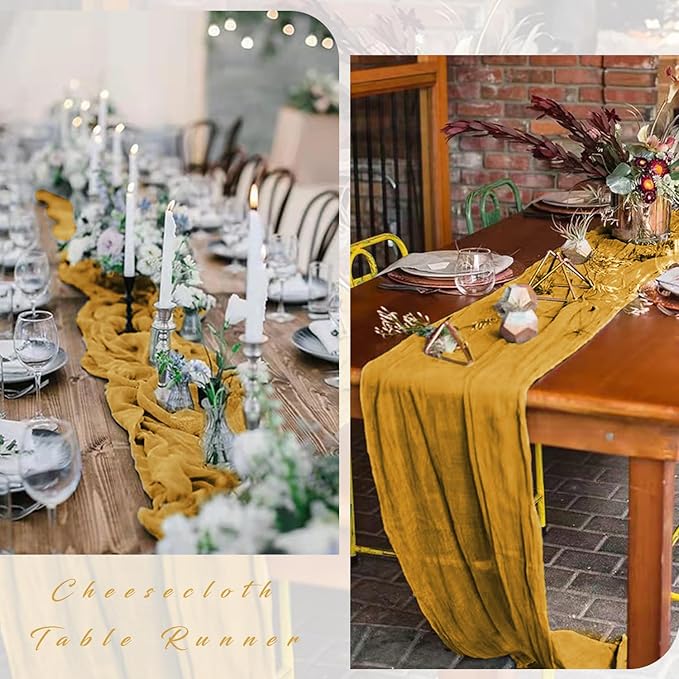 12 Pcs Mustard 35 x 120 Inches Long Cheesecloth Table Runner 10FT Runner for Tables Gauze Fabric Boho Table Runner Decoration Rustic Semi Sheer Runner for Wedding Baby Shower Birthday Party (Mustard)