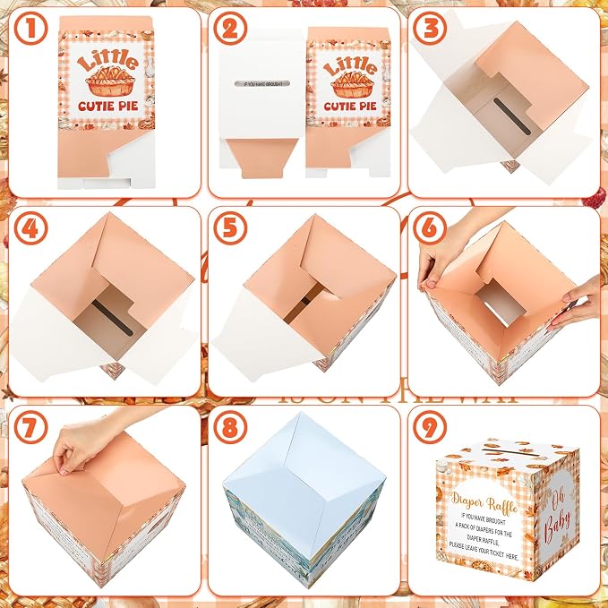 Teling 51 Pieces Diaper Raffle Tickets Box with Card Baby Shower Decorations Gender Reveal Holder Box for Girl Boy Diaper Raffle Party (Little Cutie Pie)