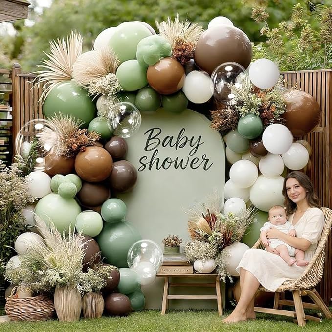 Green Brown Balloon Garland Double Stuffed Dusty Sage Green White Sand Balloons Dark Olive Tan Balloon Arch Kit for Neutral Baby Shower Birthday Bridal Wedding Woodland Safari Jungle Party Decorations