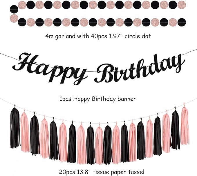 Blush-Pink Black Happy-Birthday Banner Party-Decorations - 31pcs 14th 40th Rose Gold Women Girls Paper Lanterns Streamers,Tissue Paper Flowers Pom Poms Fans Tassel Garland Sign Decor Backdrop Hugmoon