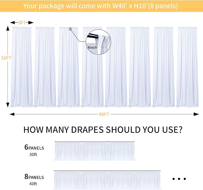 Gallety White Backdrop Curtain for Wedding, Polyester Photo Backdrop Drapes - 40FT x 10FT Birthday Backdrop Curtain with Rod Pockets for Celebration,Stage, Graduation,Engagement Party Decorations