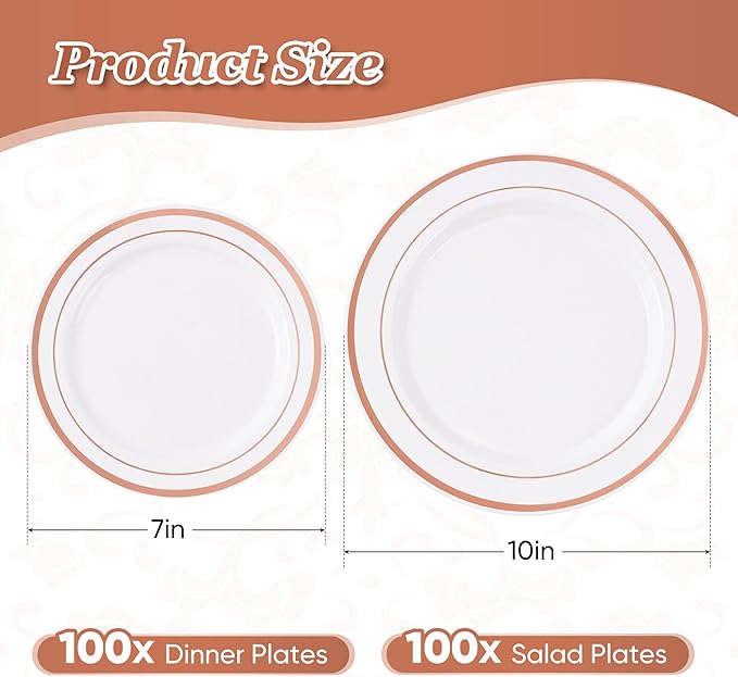 Fijinhom 200PCS Rose Gold Plastic Plates, Disposable Plates with 100PCS 10" Dinner Plates & 100PCS 7" Dessert Plates for 100 Guests, Plastic Party Plates for Wedding, Birthday, Rose Gold