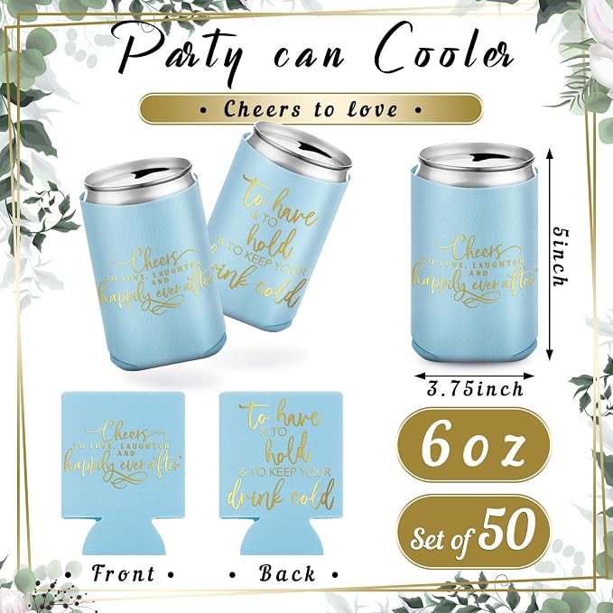 Qinyoung 50 Pieces Light Blue Wedding Can Cooler Sleeves Bulk Engagement Party Favors for Guests Cheers to Love Laughter and Happily Ever After Rehearsal Dinner Decorations for Wedding Bridal