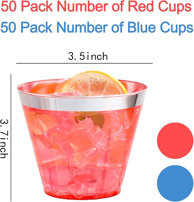 LIYH 100 Pcs 9 oz Red and Blue Disposable Plastic Patriotic Cups, 4th of July Plastic Wine Glasses for Celebrate, 4th of July Disposable Party Cups for Independence Day 50 Each