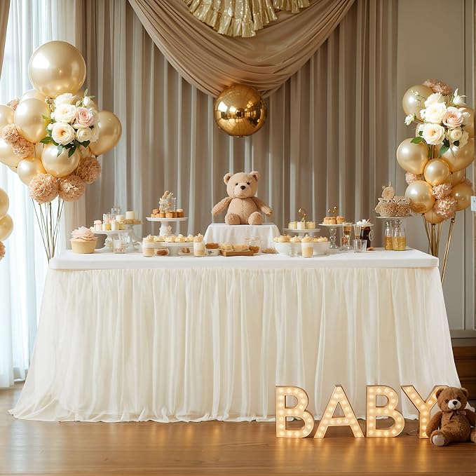 Tulle Tablecloth Table Skirt for 6 Foot Rectangle Tables Table Covers with Ruffle Tutu Table Skirt for Wedding Reception Party Birthday, Champagne, 4 Pack, 6ft Table Cloth