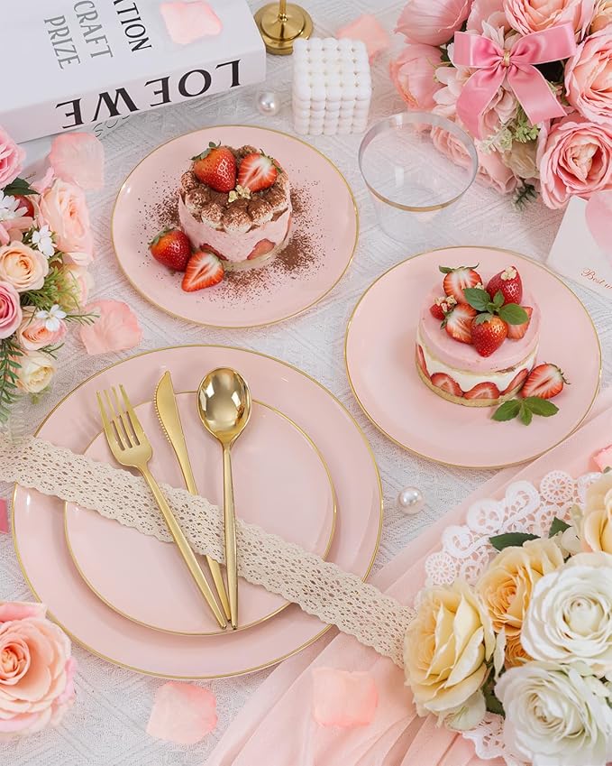 bUCLA 150PCS Pink Plastic Plates - Pink and Gold Disposable Include 25 Each (Dinner & Dessert) Plates, 25 Knives, 25 Forks, 25 Spoons and 25 Cups, Ideal for Party, Wedding & Mother's Day