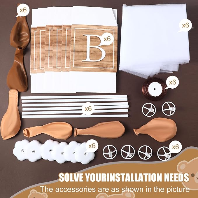6 Set Brown Bear Tulle Tutu Balloon with Letter Boxes Baby Shower Table Centerpieces Decor for Gender Reveal 24'' Balloons White Tulle Cover with Stand, Boxes for Girl Boy Wedding Birthday Party