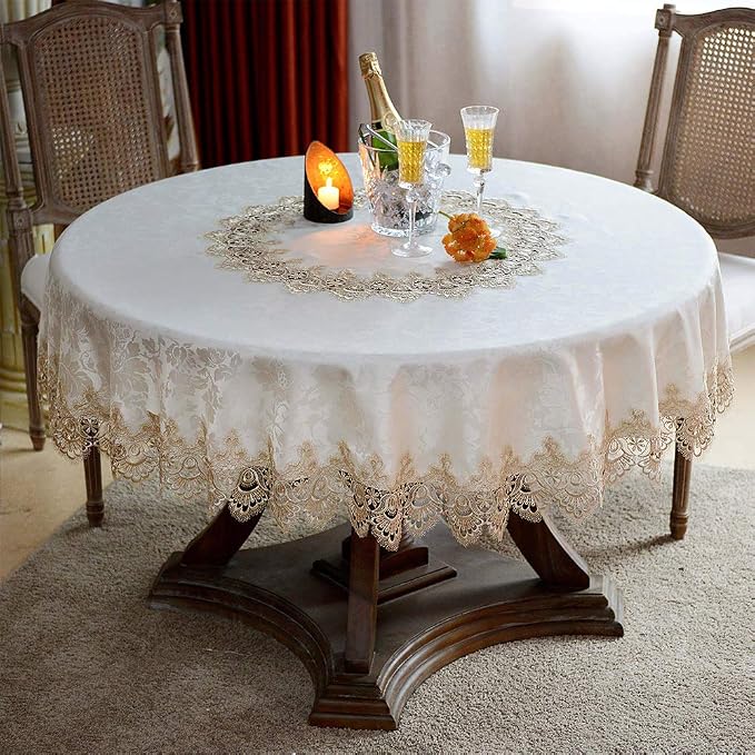 ARTABLE Round Tablecloth Lace Rustic Macrame Embroidered Table Cloths for Harvest Dresser Decor Farmhouse Kitchen Home (Light Brown, 60" Round)