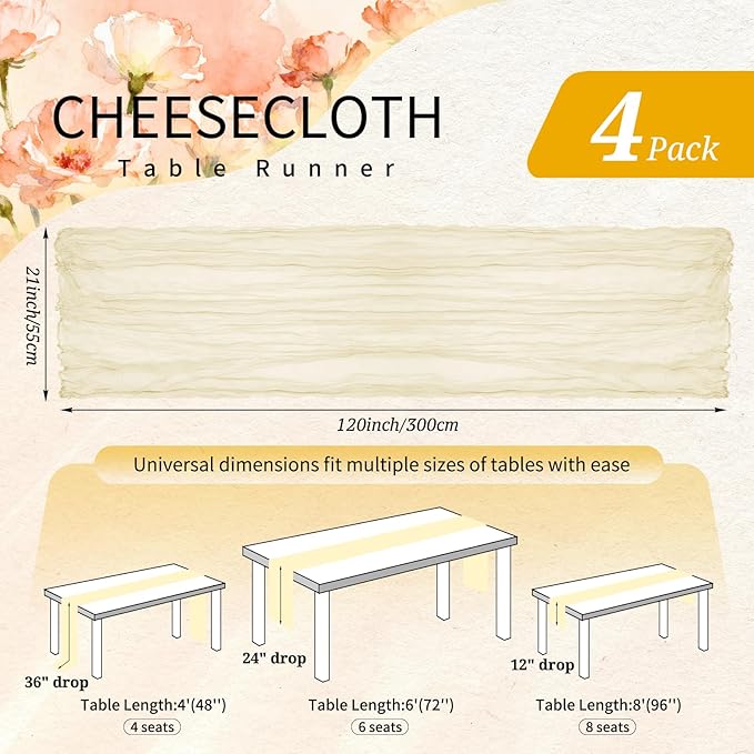 4 Pack Cheesecloth Table Runner 10FT Beige Table Runner Boho Gauze Cheese Cloth Table Runners Long Rustic Sheer Table Decorations for Wedding Party Baby Bridal Shower Birthday Holiday Home