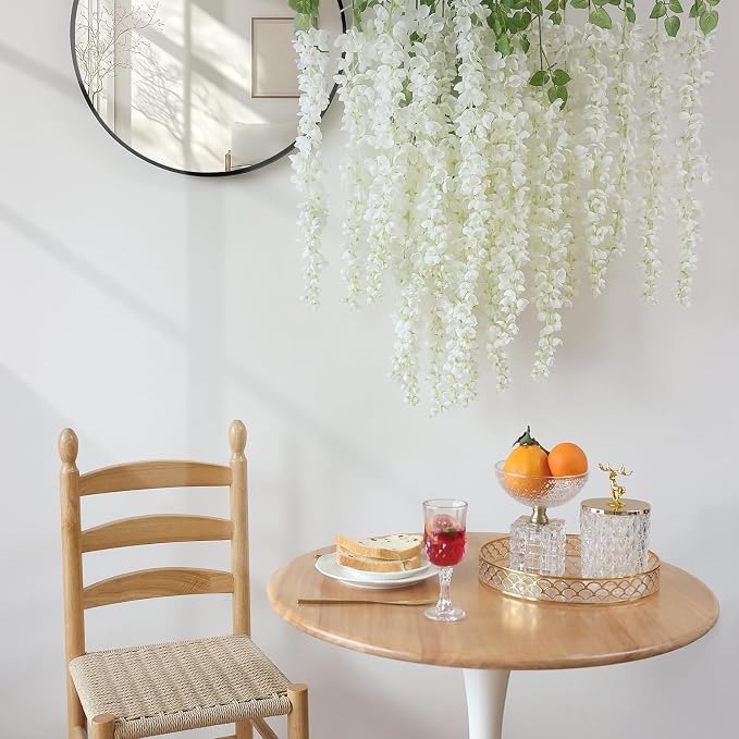 mizii 6Pcs White Wisteria Hanging Flowers 48" Silk Wisteria Artificial Flowers Garland Vines Fake Hanging Flowers Decoration for Wedding Flower Wall Backdrop Centerpieces Party Room Decor (White)