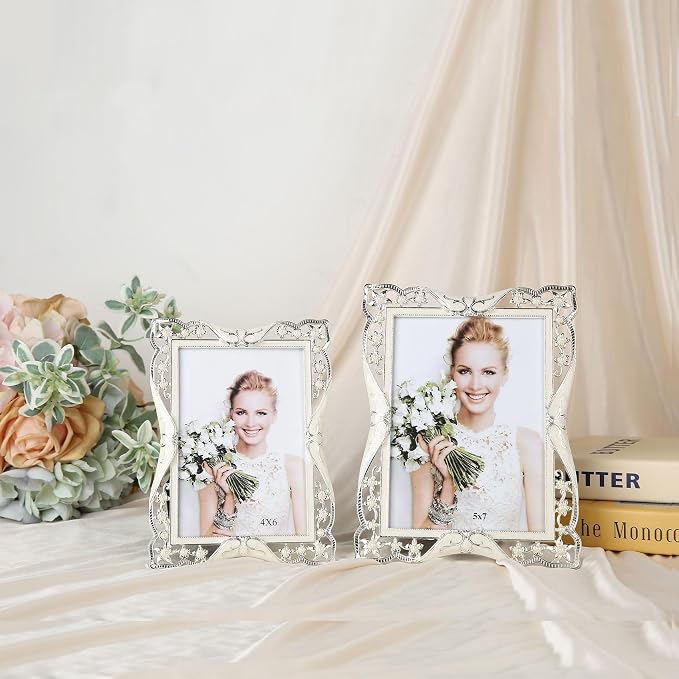4x6 Vintage Metal Picture Frame White Pearl Photo Frame Wedding Decoration, Clear Glass Front, Unique Tabletop or Wall Display, Mothers Day Gifts for Mom Women, Horizontally & Vertically