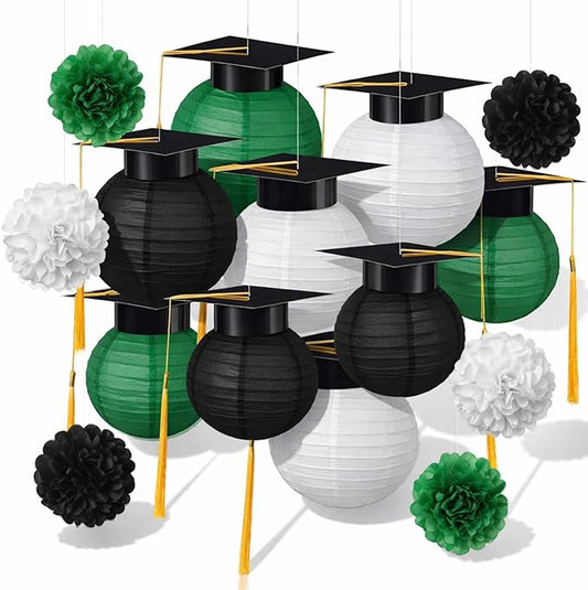 Gilprop 15 Pcs Black and Green Graduation Decoration 2026 Paper Lanterns Graduation Party Decorations Hanging Round Paper Lanterns with Black Grad Hat Tassel for Congratulation Grad Decorations