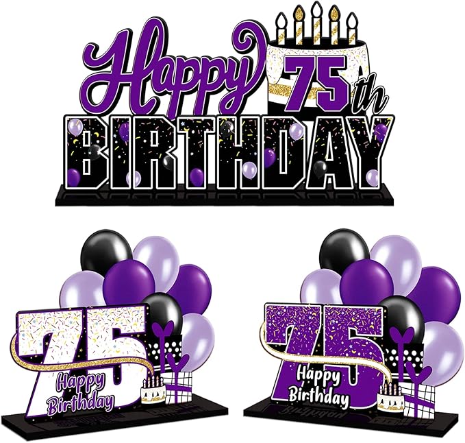 LINGTEER Happy 75th Birthday Purple Acrylic Table Topper Centerpieces Set - Cheers to 75 Years Old Birthday 75th Bday Party Gift Decorations.