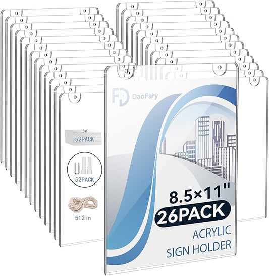 Daofary Acrylic Sign Holder 8.5 x 11 Wall Mount, 26 Pack Clear Acrylic Wall Picture Frame with Double-Side Tape, Document Paper Poster Display for Office, Store, Restaurant (Adhesive Tape, Screws & Hanging Rope Included)
