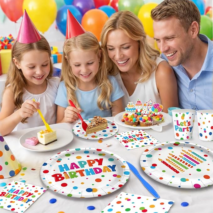 195 Pcs Birthday Party Supplies (Serves 24), Happy Birthday Party Dots Design Decorations Include Banner Hanging Plates Napkins Cups Forks Knifes Tablecloth Topper Balloons for Decorations