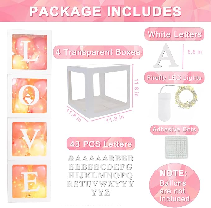 Ledido Baby Boxes with Letters for Baby Shower Decorations, 4 Pcs Transparent Balloon Boxes Blocks with Fairy String Lights, Clear Balloon Boxes for Boy Girl Gender Reveal 2026 HOCO Party Decor(White)