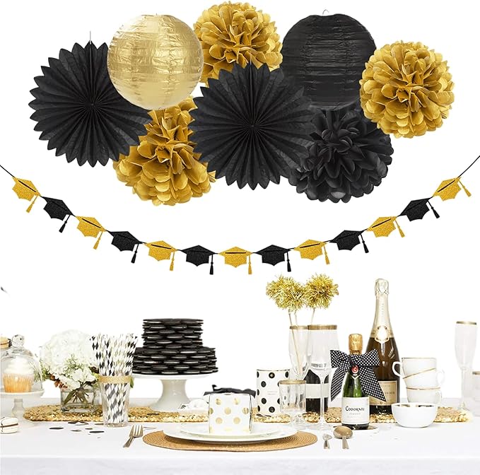 Black Gold Graduation Party-Decorations Garland - 36pcs Congrats Grad Class 2026 Banner,Hat Hanging Streamers,College High School Congratulations Master Celebration Classroom Backdrop Decor Burgleda