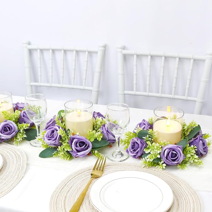 Purple Rose Candle Rings with Flameless Candles Sets - 12PCS Artificial Flower Eucalyptus Wedding Centerpiece 3 Inch Pillar Candleholders Wreaths for Wedding Party Decor (Purple - 6 Sets)