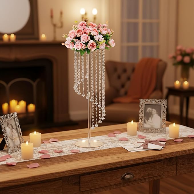Clear Acrylic Tall Flower Vases -2 Pcs 31.5" Cylinder Pedestal Stands for The Table Centerpieces for Parties, Chandelier Crystals Decorative Flower Stand, Wedding, Celebration, Home Decoration