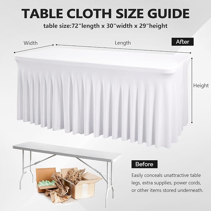 Wish Care 8 Pack White Spandex Table Clothes for 6 Foot Rectangle Tables, 6FT Wrinkle Free Fitted Tablecloths Ruffles Design Table Cloth for Party, Banquet, Wedding and Events