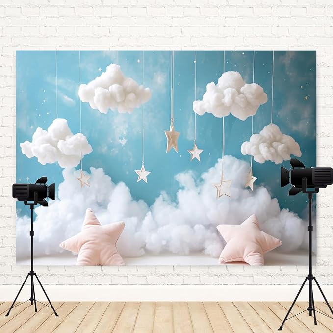6x4ft Cloud Backdrop Sky Starry Star White Blue Photography Background Baby Shower Banner Baby Birthday Party Decoration Newborn Photoshoot Prop Cake Smash Photo Booth Prop
