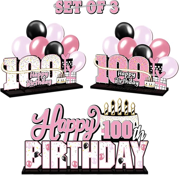 LINGTEER Happy 100th Birthday Pink Acrylic Table Topper Centerpieces Set - Cheers to 100 Years Old Birthday 100th Bday Party Gift Decorations.