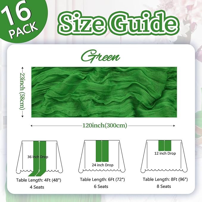 16 Pack Green Cheesecloth Table Runner 10ft Boho Gauze Fabric 120 Inch Cheese Cloth Table Runner Rustic Sheer for Holiday Baby Shower Party Décor Home Wedding Decoration