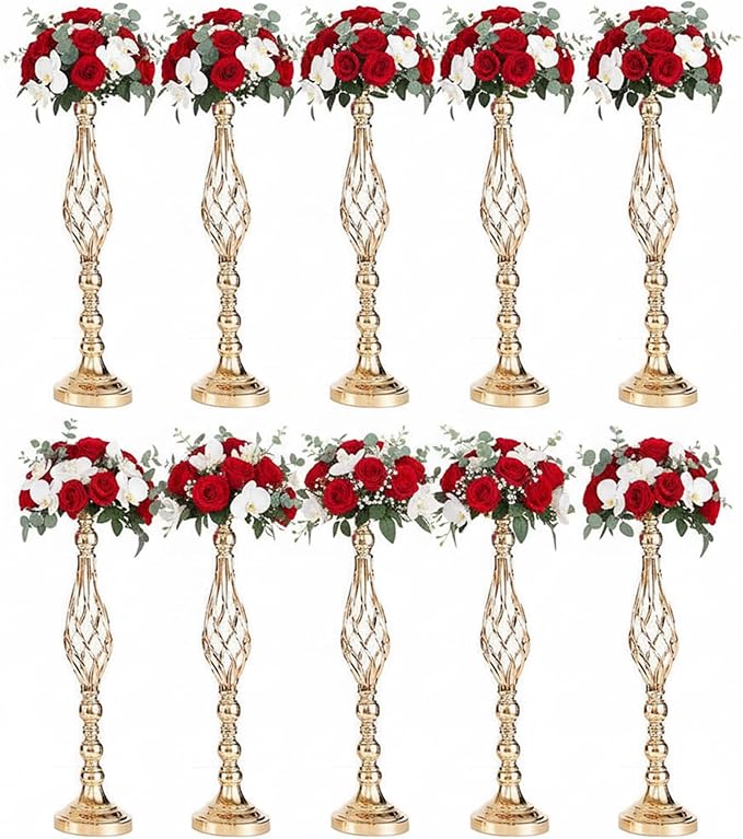 Gold Wedding Vases for Table Centerpieces - Set of 10 Twist Candleholder Stands, Elegant Floral Arrangement Vases, Metal Centerpieces for Reception Table Wedding Road-Leading Home Decor