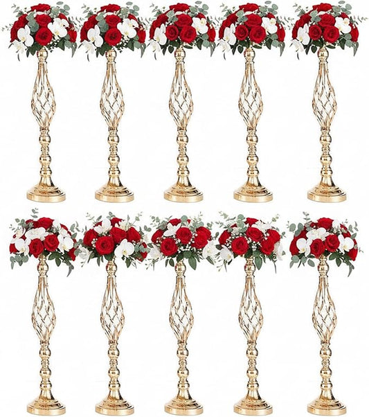 Gold Wedding Vases for Table Centerpieces - Set of 10 Twist Candleholder Stands, Elegant Floral Arrangement Vases, Metal Centerpieces for Reception Table Wedding Road-Leading Home Decor