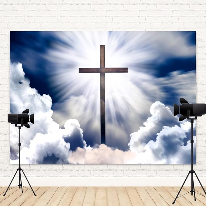 10x6.5ft Heavenly Cross Backdrop Blue Sky Cloud Photography Background Holy Crucifix Jesus Christ Religious Pray Church Event Easter Banner Decorations Baby Shower Portrait Photo Booth Prop