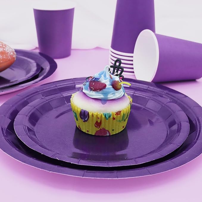 Purple Paper Plates Party Supplies,168pcs Purple Plates and Cups and Napkins Set for Mardi Gras Birthday Decorations Disposable Dinnerware Sets for Women Serve 24