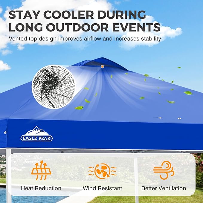EAGLE PEAK Pop Up Canopy Tent with Wheeled Carry Bag, 8 Stakes, 4 Ropes, 4 Weight Bags, Easy Set Up Tent Canopy, 10x10 ft, 100sqft of Shade, Blue