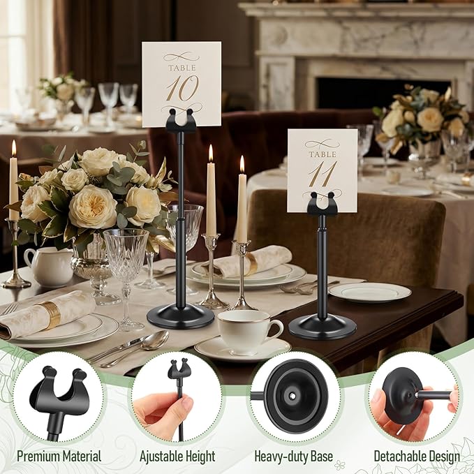 Kathfly Black 12 Set Table Number Holders Adjustable Metal Place Card Holders Harp-clip Tabletop Sign Stands Detachable Card Holder for Weddings Birthday Restaurants Table Decor (4.9-7.3 Inch)