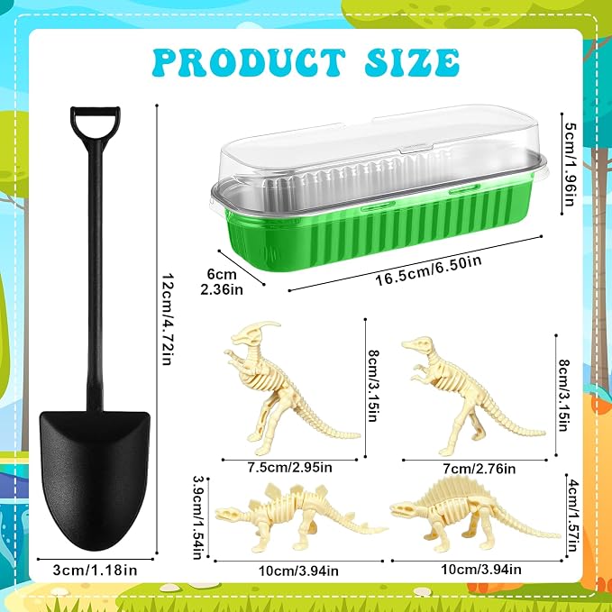 24 Set Dinosaur Fossil Skeleton Cake Toppers Dig Kit Mini Baking Pans with Lids and Shovel Spoons Desserts Tray for Baby Shower DIY Dinosaur Cake Decorations Dino Birthday Party Supplies
