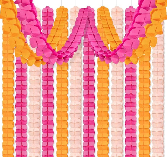 Hot Pink and Orange Party Decorations, 12Pcs 4-Leaf Paper Streamers | Paper streamer garlands for sunset parties, citrus spritz themes, birthdays, weddings, baby showers and bachelorette parties