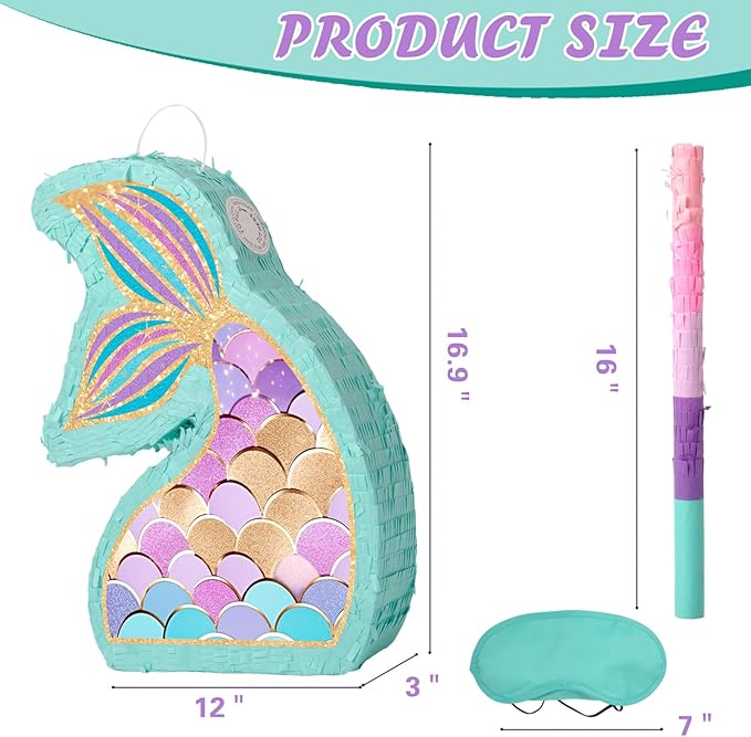 Mermaid Tail Pinata - Mermaid Pinata with Blindfold and Bat for Girls Kids Ocean Theme Birthday Party Game Decorations (Small Size 17”x12”x3”)