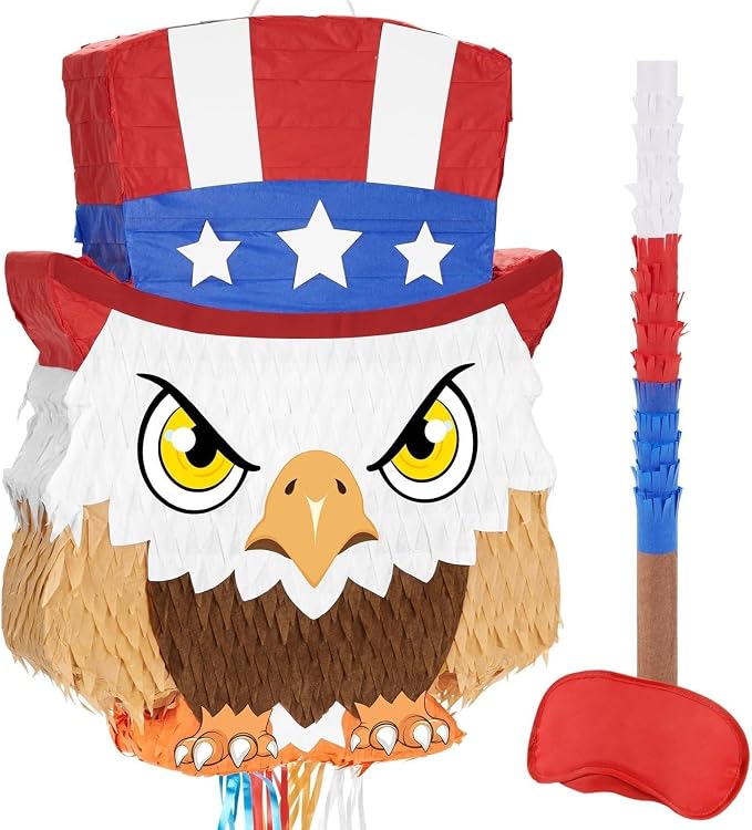 WERNNSAI 4th of July Piñata - Independence Day Piñata with Blindfold and Bat Fourth of July Theme Birthday Party Decorations American Flag Eagle for Kids Boys Bird Birthday Party Supplies